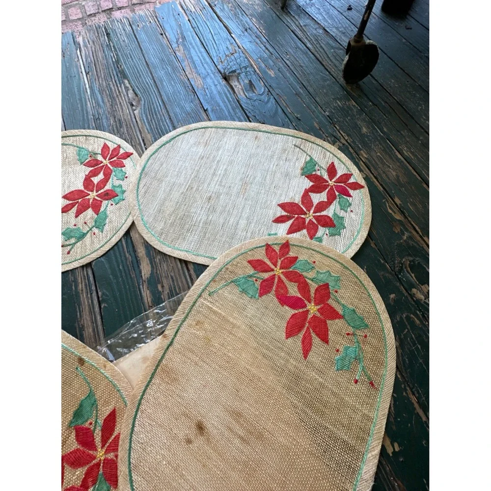 Vintage Setting Pretty Kemp & Beatley Poinsettia Woven Placemats Set of 4 Oval